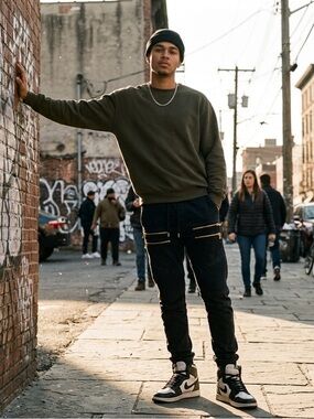 Men's Black Cargo Pants with Gold Zipper Accents